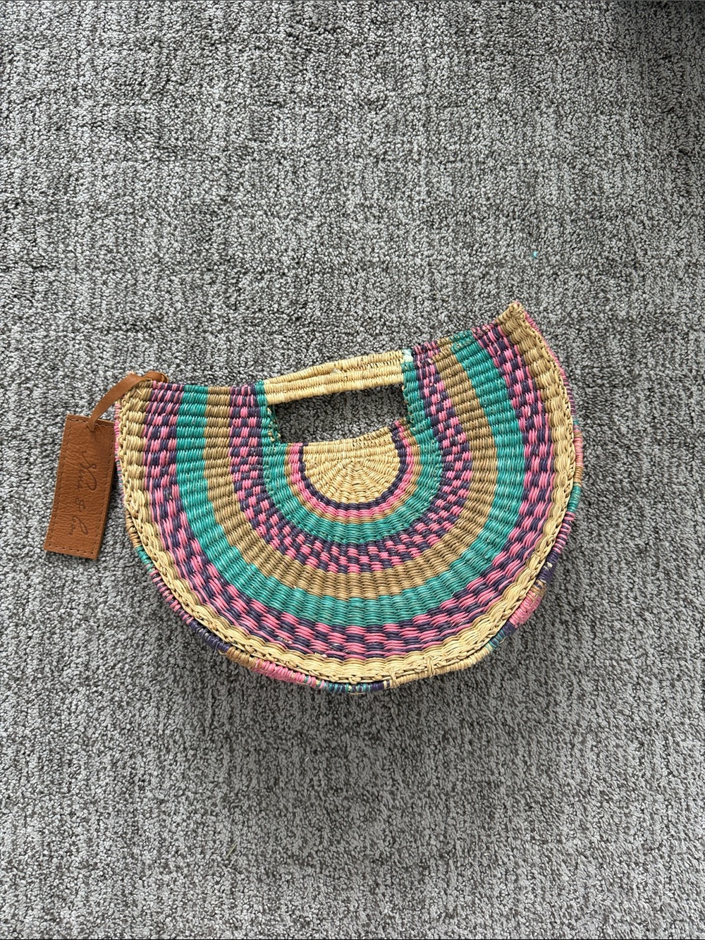 Nena & co Woven Straw Half-Moon Tote in Pink, Teal & Natural
